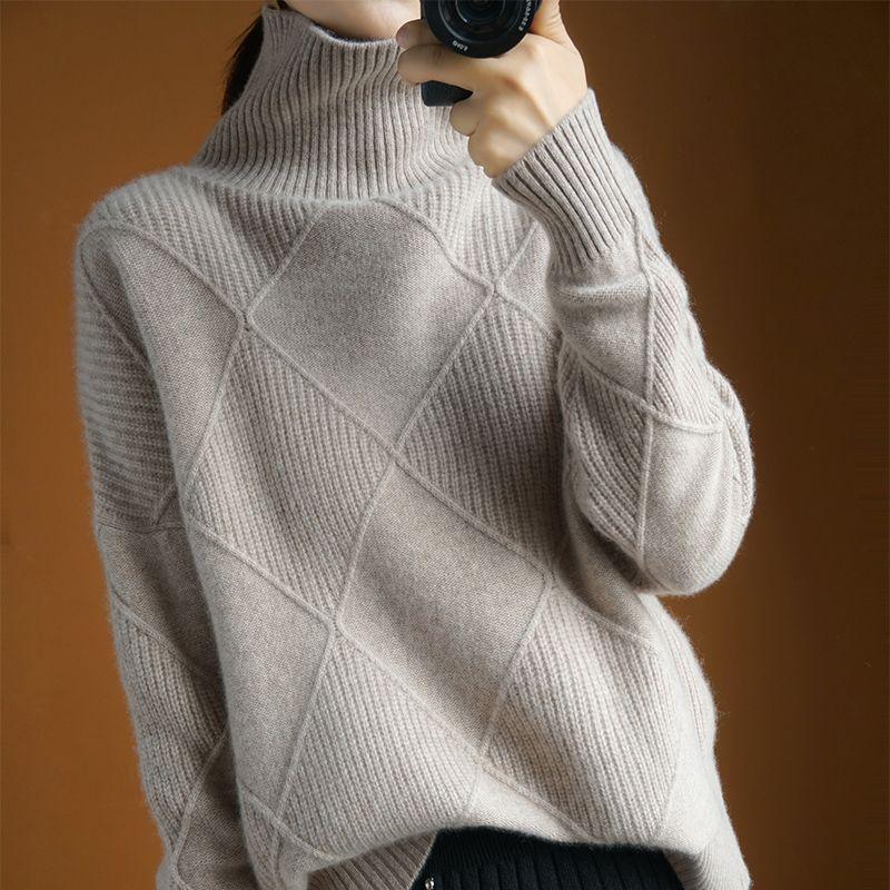 Autumn Winter Women's Plus-size Wool Sweater Loose Turtleneck Sweater Pullover Solid Color Wool Knitted Top