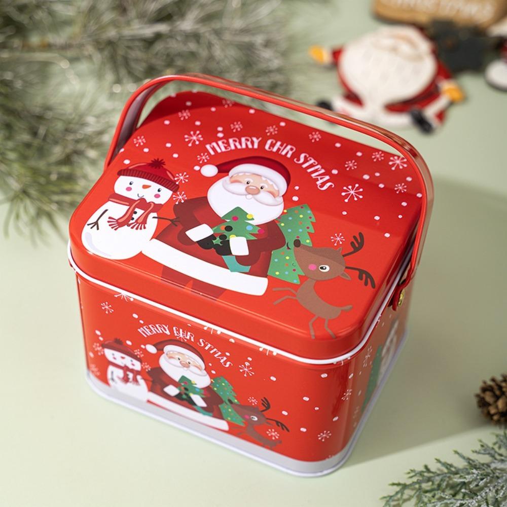 Cute Tinplate Christmas Tin Box Gift with Handle Gift Box Festival Ornaments Candy Jar