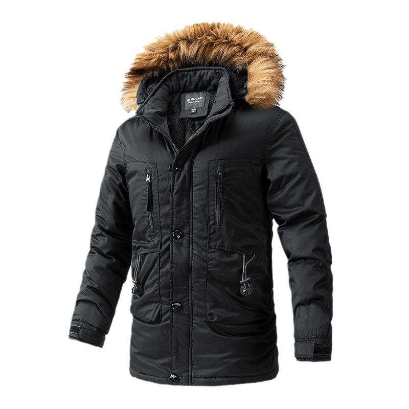 Winter fashionable warm cotton coat for men with hooded fur collar, plus velvet and thickening, windproof and warm