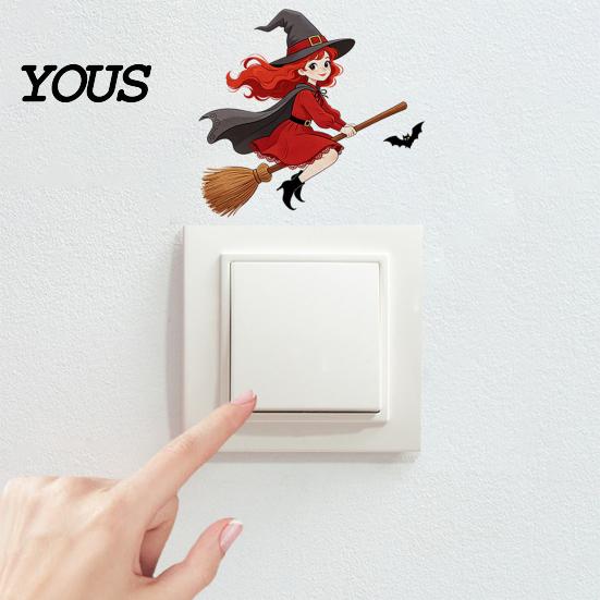Holiday Home Decoration Halloween Switch Sticker, Witch Riding Broom Light Decal, Creative Decor Self-Adhesive Wall Stickers for Bedroom Living