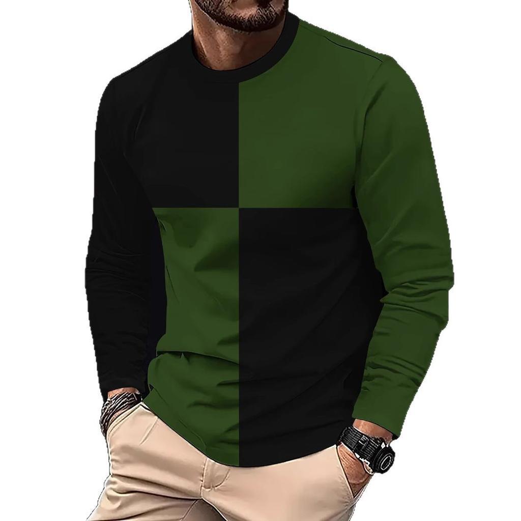 Men's Checkerboard Splicing Long Sleeved Trendy Round Neck T-shirt