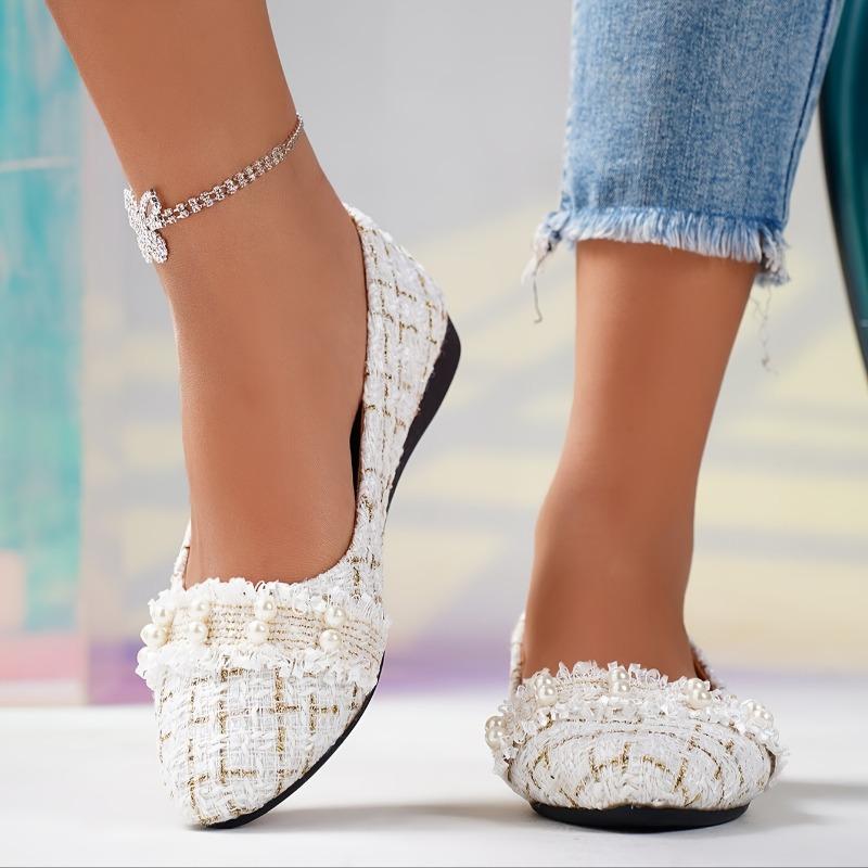Eleganti Scarpe da Donna Bianche Mary Jane - Slip-On a Punta Tonda Piatte con Cinturino Decorato a Frange tipo Pizzo, Soletta Interna Ammortizzata in PU e Suola in TPU