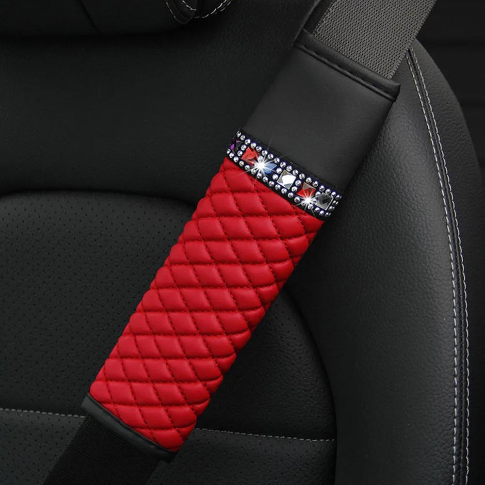 1Pc Universal Car Leather Diamond Rhinestone Seat Belt Cover Breathable Braided Plaid Auto Shoulder Protector Car Accessories