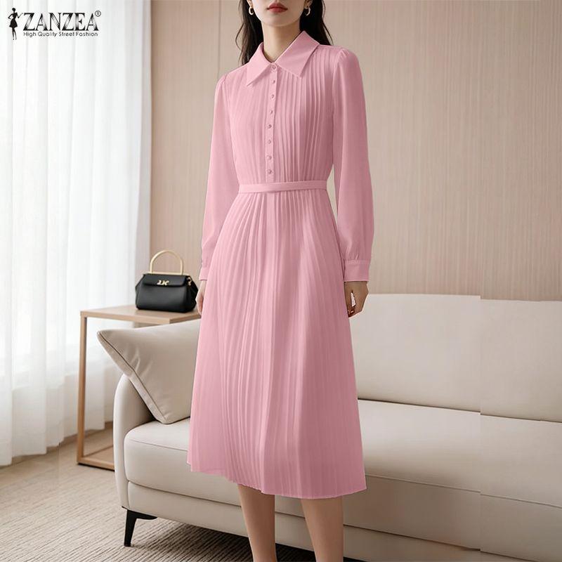 ZANZEA Women Casual Turn Down Collar Solid Color Long Sleeve Loose Dress