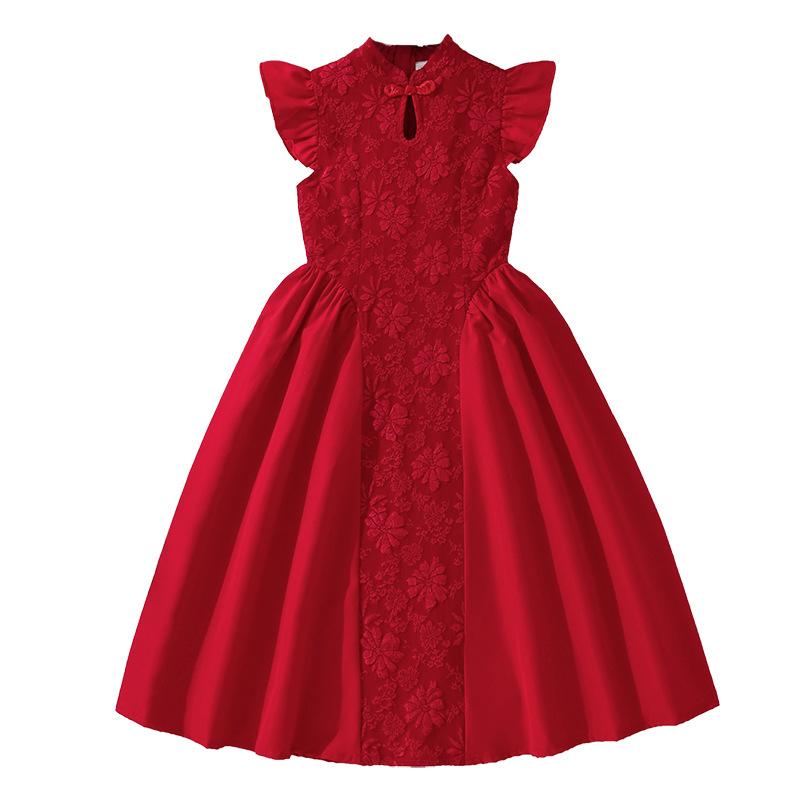 Girls' Fashionable Dress for Summer Children's Red Embroidered Plaid Waist-length Formal Princess Dress
