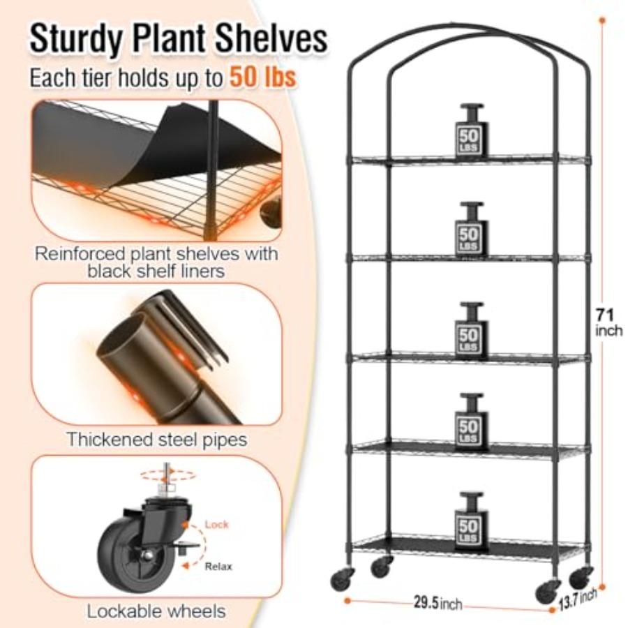 Portable Mini Greenhouse Tent with Grow Light and PVC Cover 5-Tier Adjustable Metal Plant Stand for Indoor Plants Seed Starting