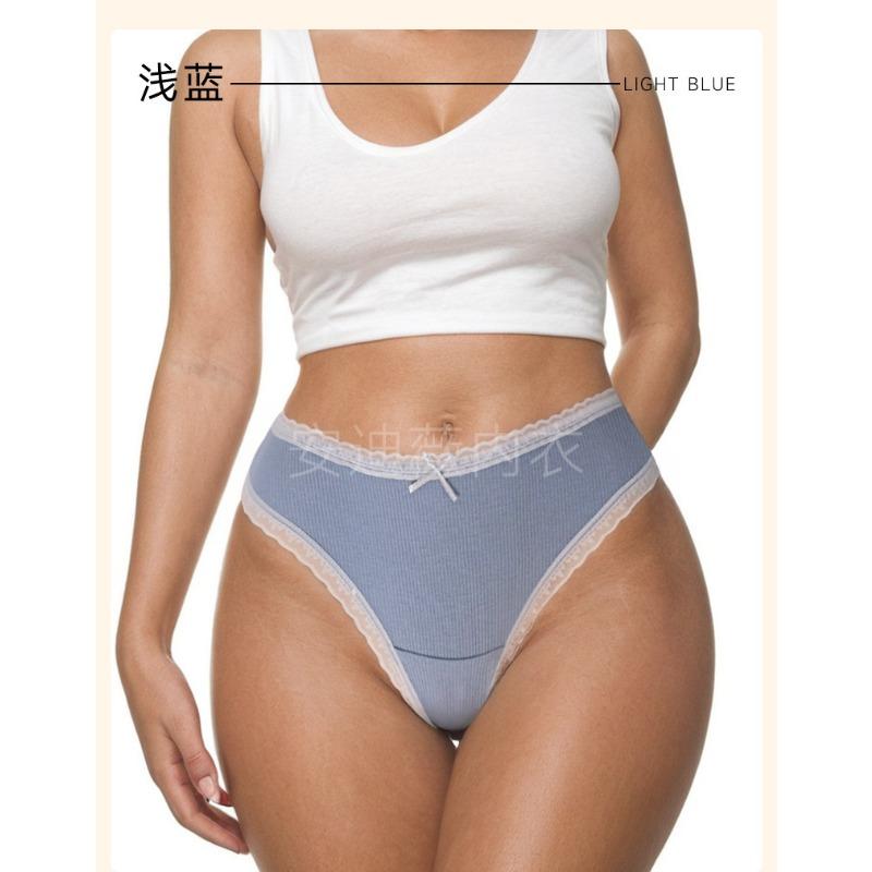 Women Pure Cotton Sexy Lace Mid Waist Ladies Thong Underwear