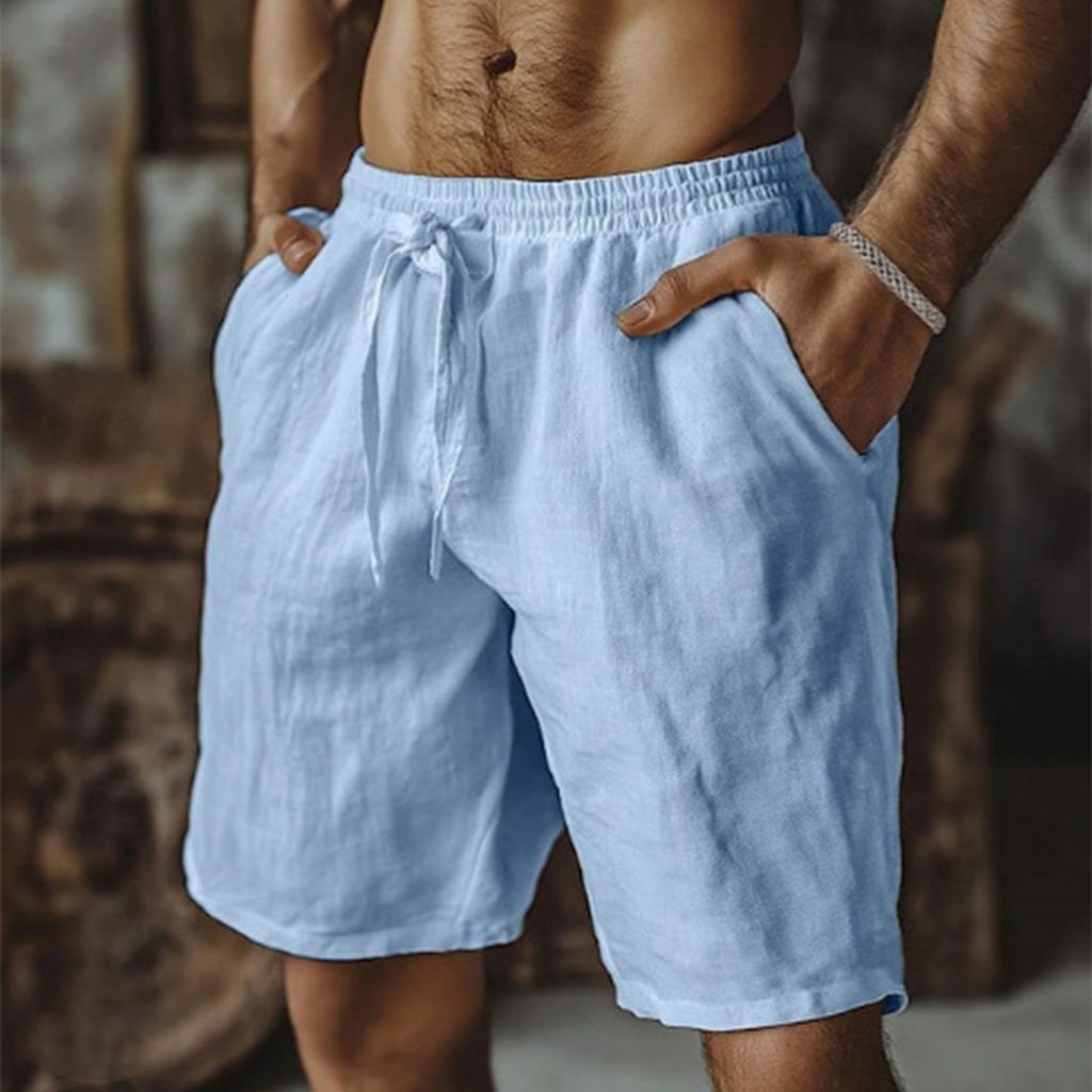 Men's Cotton Linen Shorts Elastic Waist Casual Solid Color Lace-up Running Fitness Sports Beach Fifth Pants