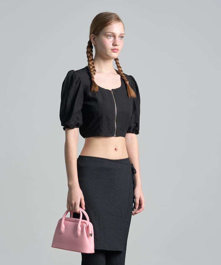 320SHOWROOM Linen Puff Zipper Crop Blouse Black