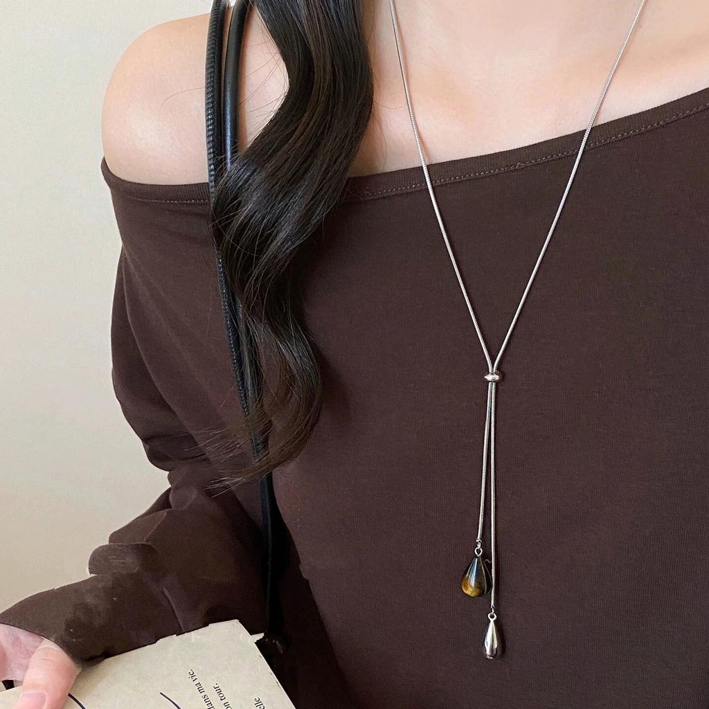 LATS Tiger's-Eye Stone White Spotted Water Drop Pendant Necklace for Women Adjustable Long Pull Necklace Jewelry Gift