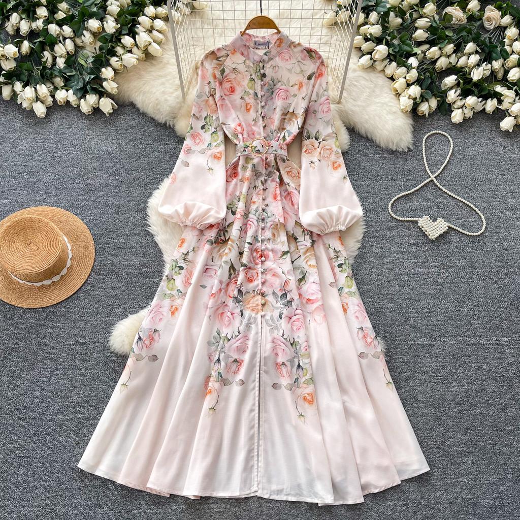 Spring/Summer Romantic Floral Print Stand-Up Collar Bell-Sleeve Slimming Party Dress for Women Elegant Single-breasted Maxi Dress with Belt