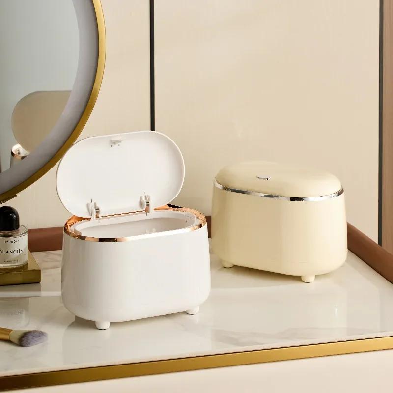 Mini Desktop Trash Can with Lid, Light Luxury Plastic Press Type Trash Can for Bathroom, Office, Bedroom, Living Room