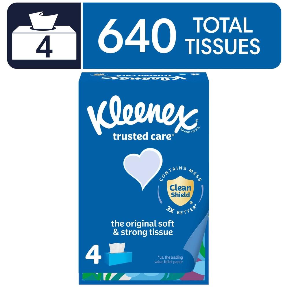 

Trusted Care 2-Ply Facial Tissues 4 Flat Boxes 160 Sheets per Box Unscented Clean Shield Technology Strong Absorbent Non-Lotion United States