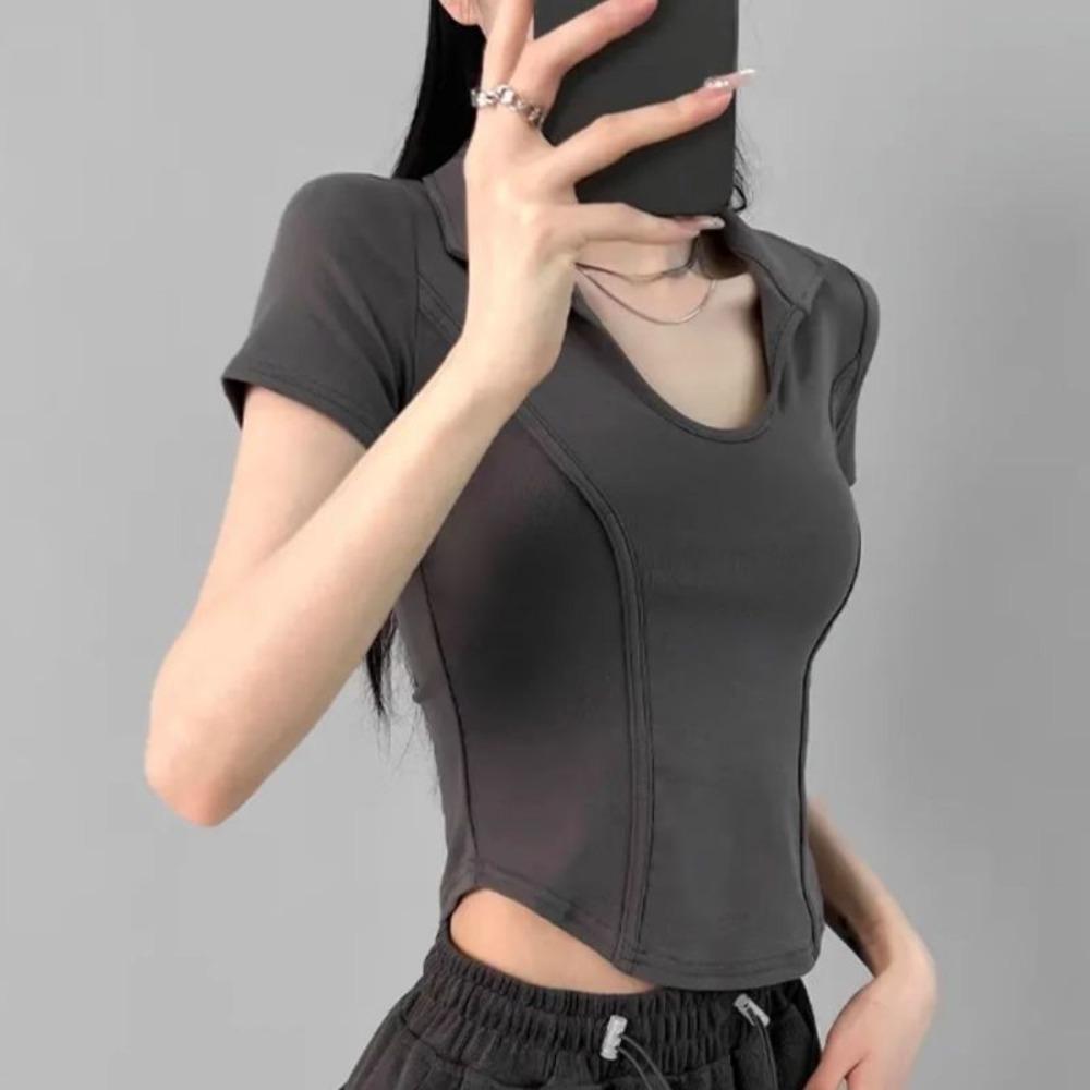 V-neck Short Sleeve T Shirt Pullover Flip Neck Blouses Fashion Y2k Crop Tops Women  Woman