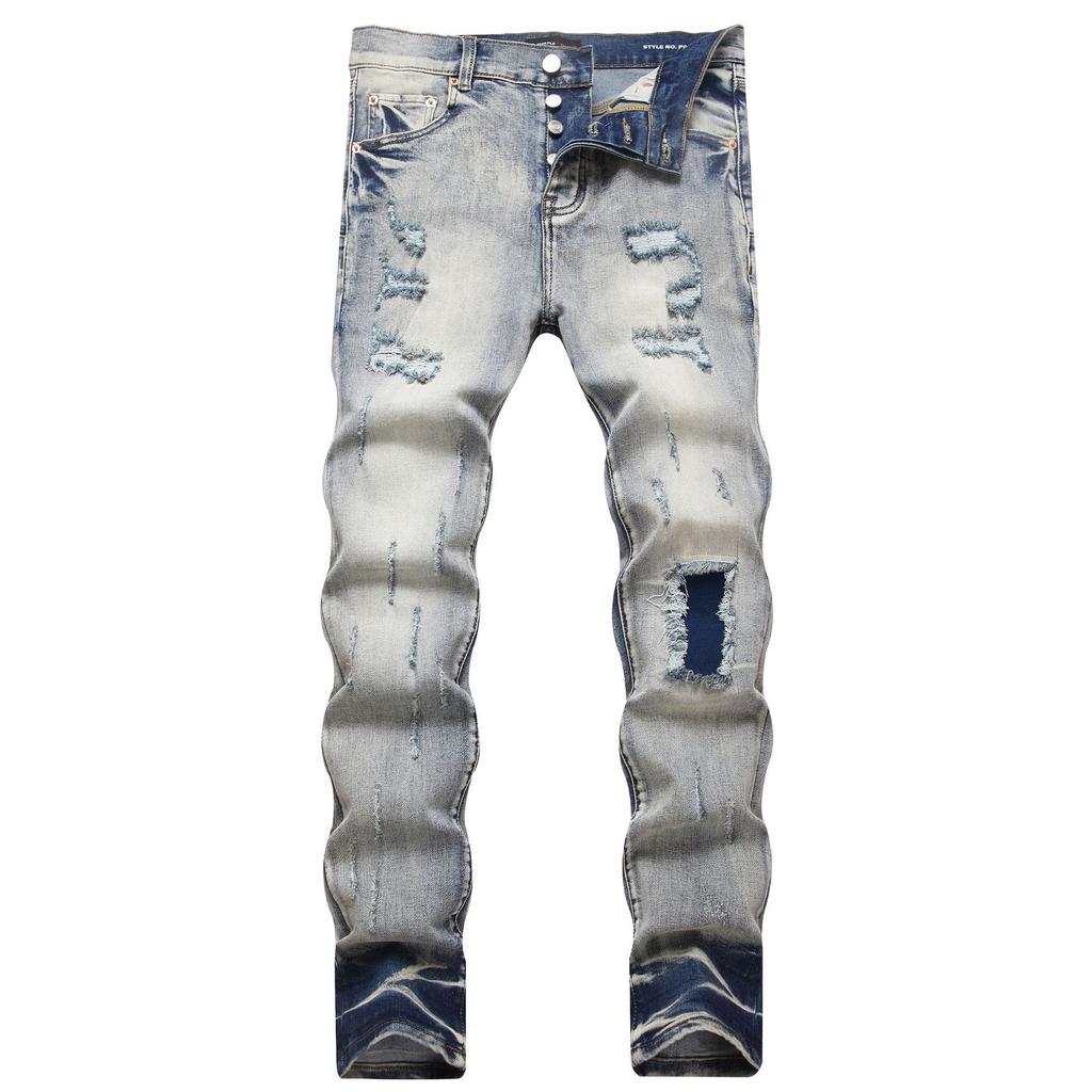 New High Street PU Jeans Men's Piercing Embroidered Patched Elastic Slim Fit Small Foot Jeans