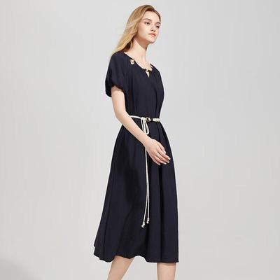 Beaded Neckline Tie-Waist Short Sleeve Midi Dress