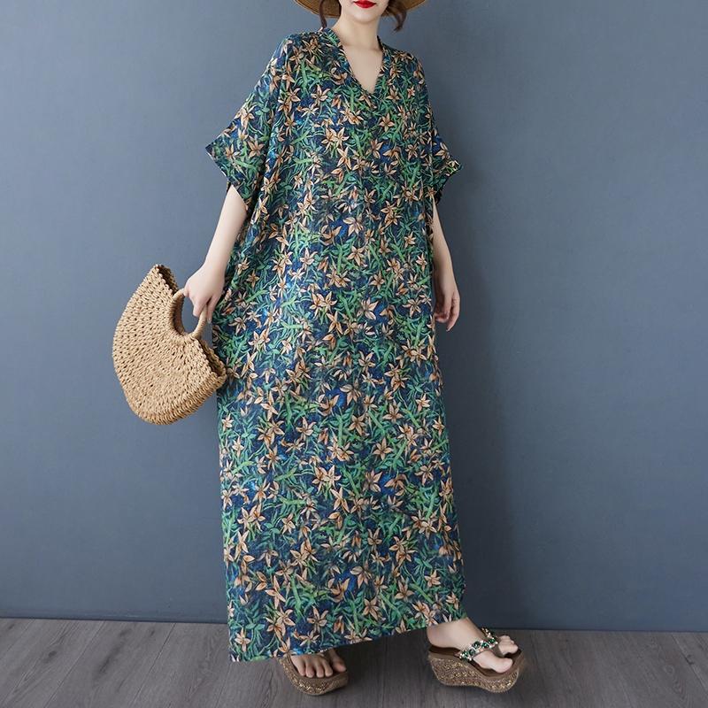 

DIMANAF 2025 Летнее платье больших размеров для женщин Повседневное винтажное платье-рубашка с V-образным вырезом Свободное базовое платье с принтом One Size