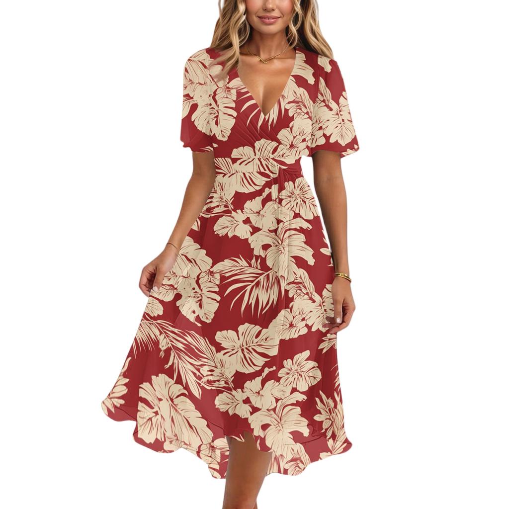 Vestido Casual de Mujer con Cuello en V de Manga Corta, Estampado Floral Vintage, Largo hasta la Rodilla, Ligero para Verano, con Falda Acampanada y Corte Relajado