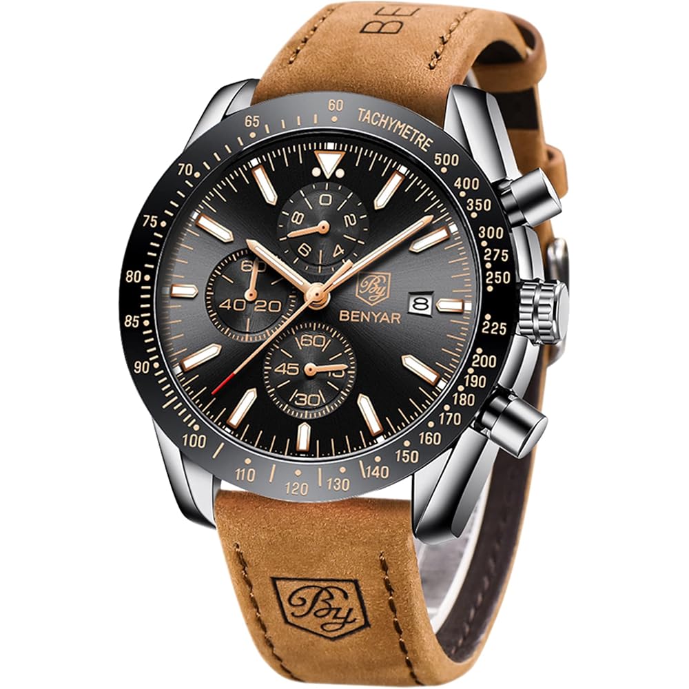 Benyar Men s Chronograph Analog Watch 30M Water Resistant Leather Strap Brown Silver Black