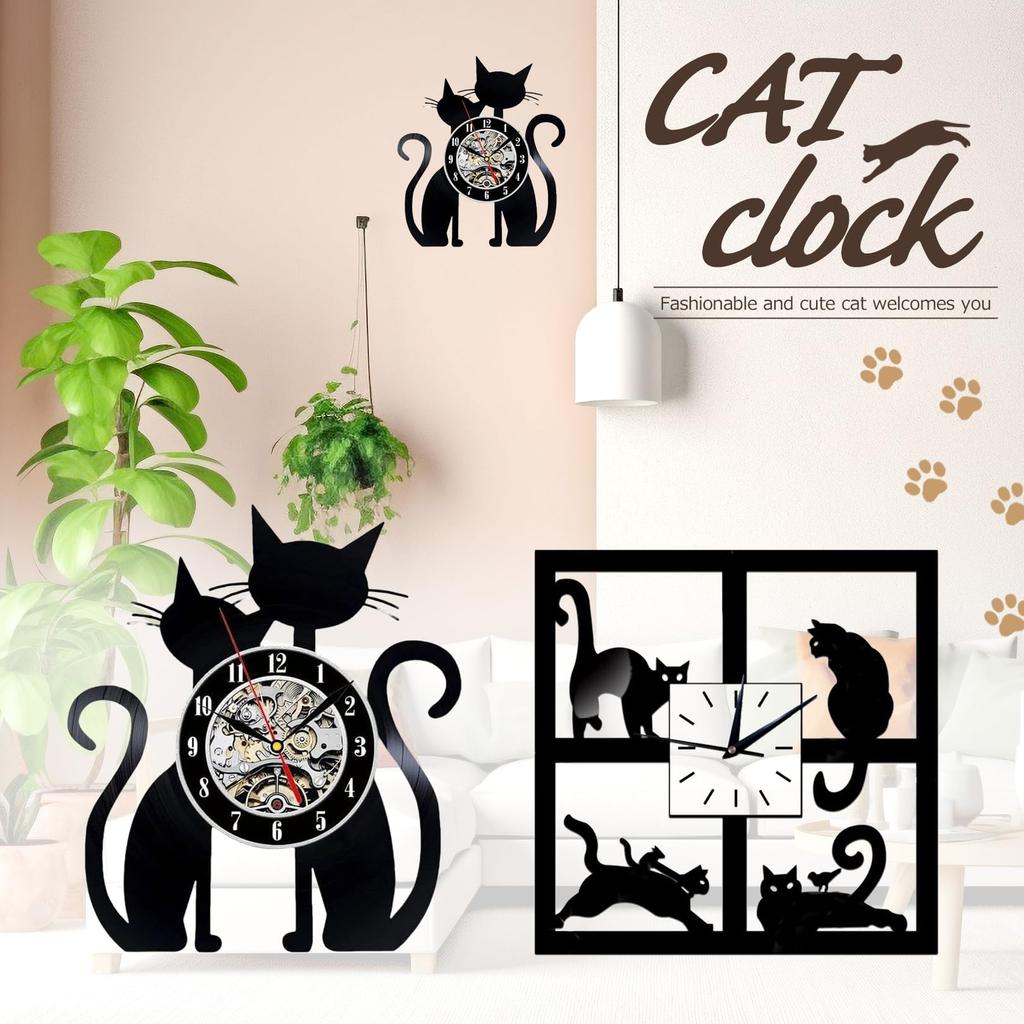 PIENSE Wall Clock, Cat Design, Scandinavian Antique Decor, Analog (Cat B)