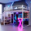 Loft Bed, 140*200cm, With LED Lights, Storage Ladder, Desk, Wardrobe, Shelves, Without Mattress, White