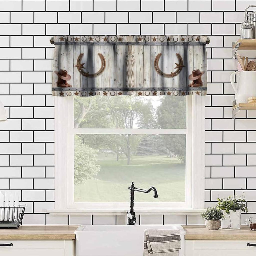 West Country Wooden Doors Valance Curtain for Kitchen,Old Country Ranch Texas Western Cowboy Star Sign Barn Door Windows Treatment Drapes for