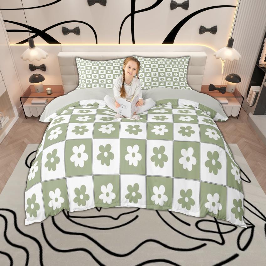 Comforter Homewish Cute Floral Plaid For Girls 2Pcs/3Pcs Kawaii Flower Checkered Bedding Set Cartoon Bedroom Decor