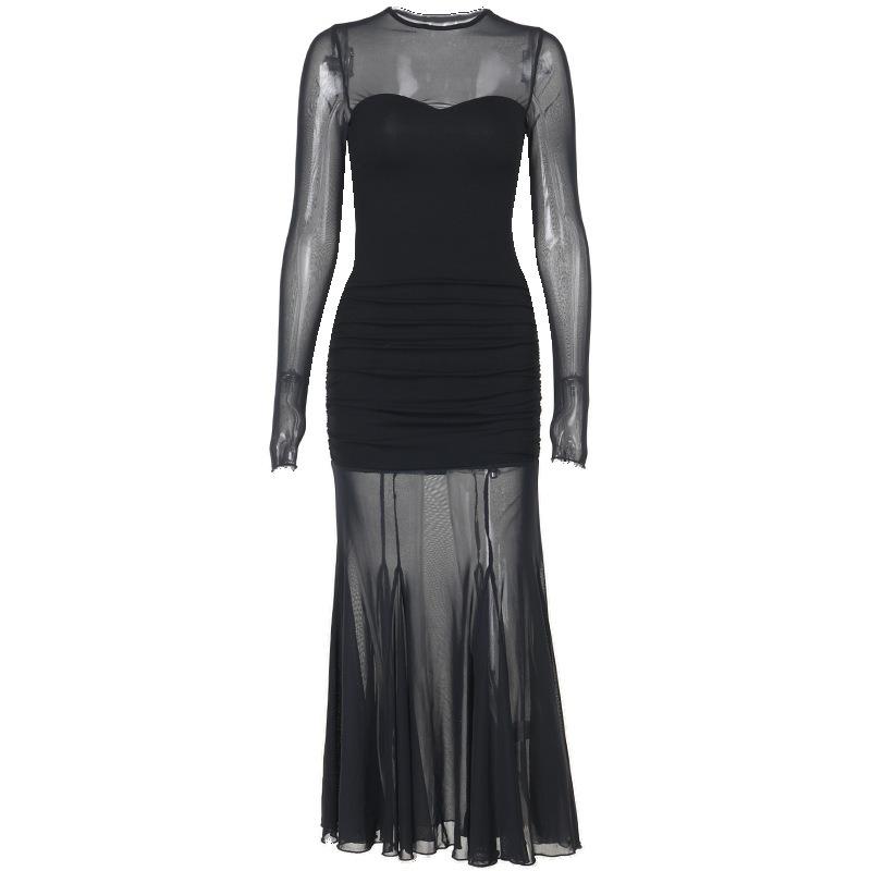 Ilya's New French Black Long-sleeved Mesh Dress Has A High Sense of Elegance and Elegance. Spice Girl