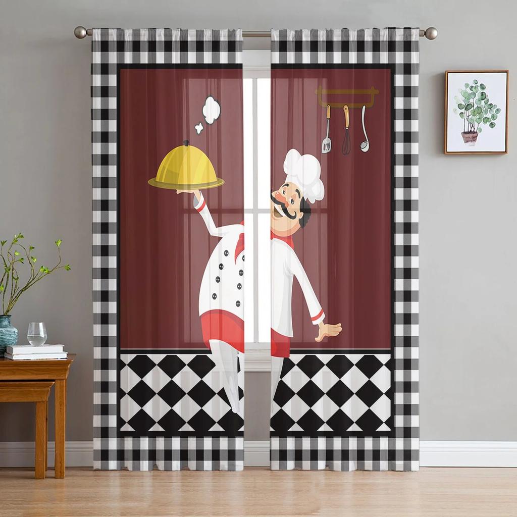 Kitchen Utensils Plaid Tulle Curtains For Living Room Chiffon Voile Sheer Window Curtain For Bedroom