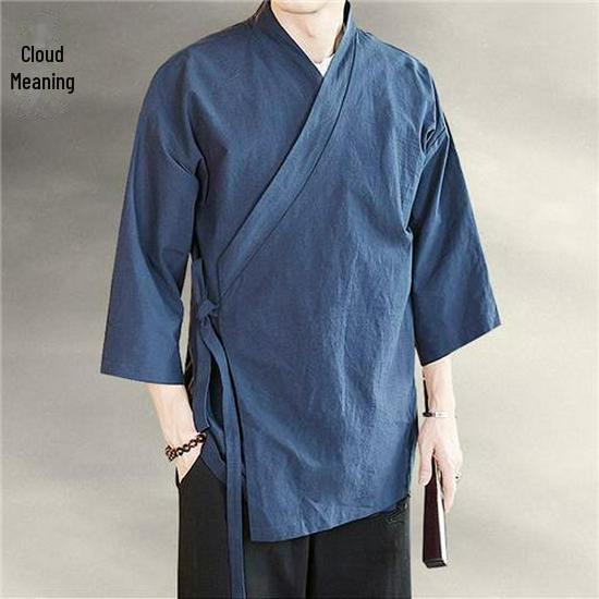 Rochie Hanfu Zen Budistă de Vară pentru Bărbați - Guler Obligatoriu, Mâneci Treisferturi, Bumbac și In, Jachetă Taoistă Tradițională Chineză
