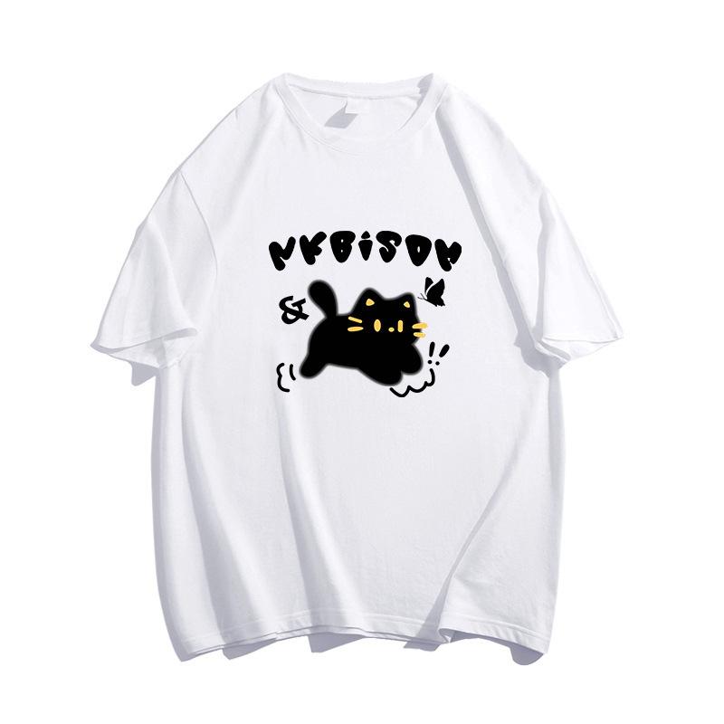 American Retro Design Kitten Print Short-sleeved T-shirt Pure Cotton Spring and Summer Loose Large Version Couple Men's and Women's Tops
