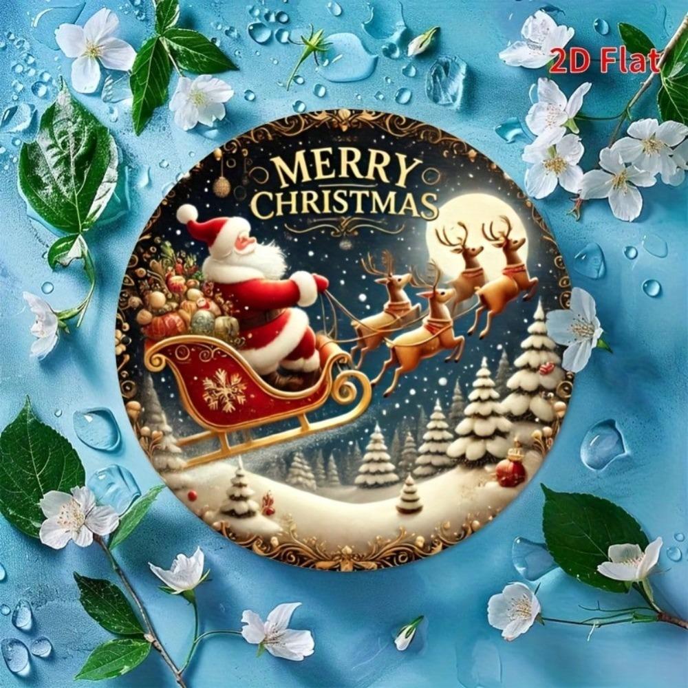 Art Mural Métallique Rond Père Noël Vintage 7,8 Pouces Décor de Maison Jardin Fêtes