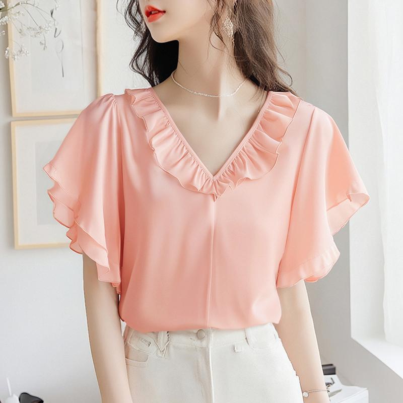 

ZANZEA Женская блузка с рюшами, V-образным вырезом, свободного кроя, с коротким рукавом, в повседневном стиле S