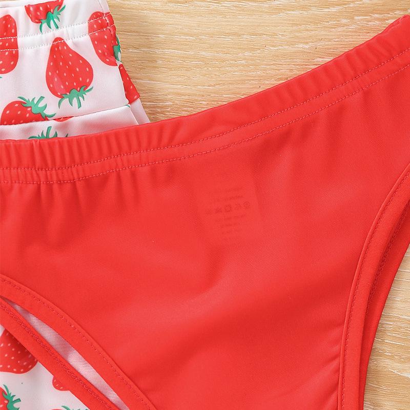 Trendy bez rukávů jahodový potisk špagetová ramínka bikiny - roztomilé 3dílné plavky