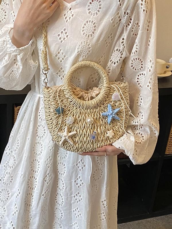 Island Resort Starfish & Shell Handwoven Straw Crossbody Bag