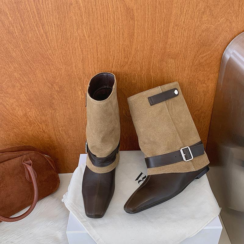 Wasteland retro belt buckle trouser boots new autumn medium tube knight boots square head temperament versatile short boots