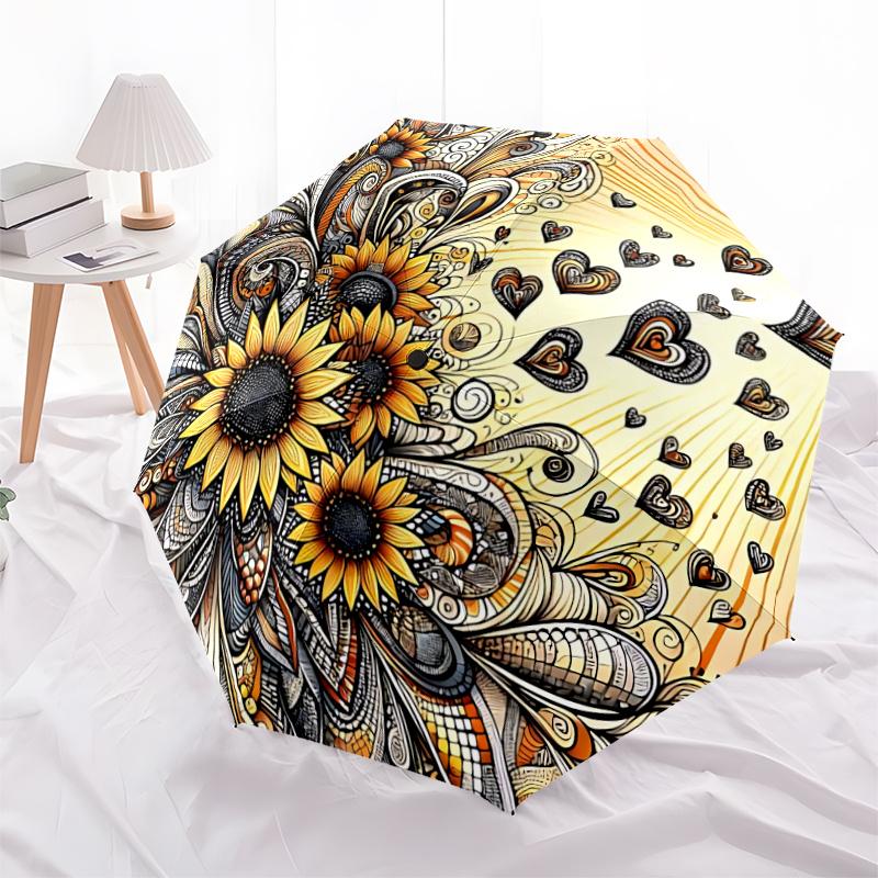 1pc Sunflower Hearts Automatic Open/close Umbrella, 8-Rib Sturdy Structure, Portable Travel Umbrella, Parties, Everyday Usel058
