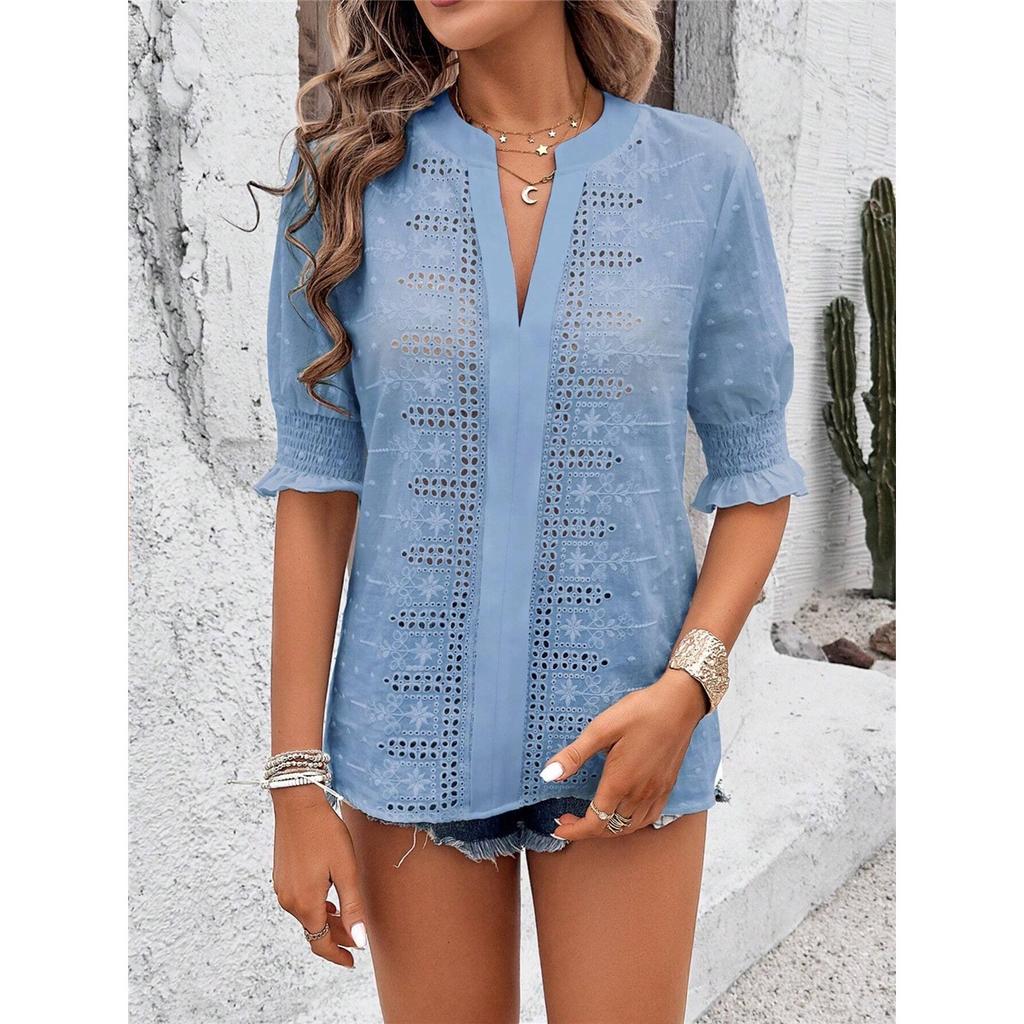 Women's Summer T-shirt Solid Color V-neck Puff Sleeve Hollow T-shirt
