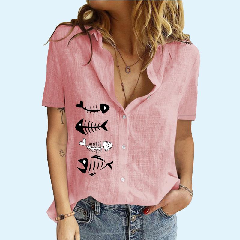 

Жіноча мода з коротким рукавом, осінь і літо, повсякденна футболка з лацканами, принтом, бавовняні лляні кардигани, блузки 5XL рожевий