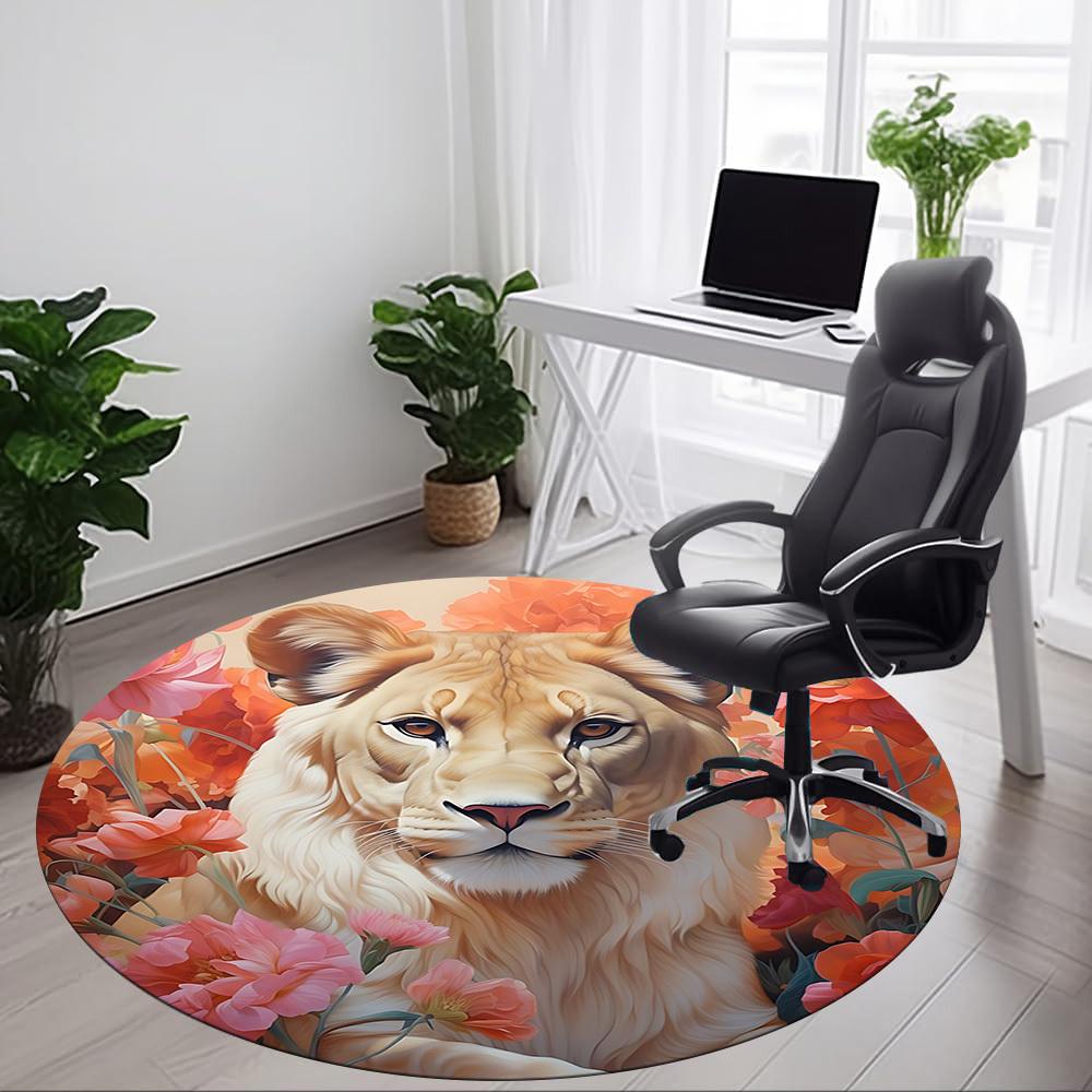 1pc Lion Floral Print Carpet for Office Non-Slip, Round Carpet, Soft & Comfortable, Carpet for Office, Lightweight Round Floor Mat