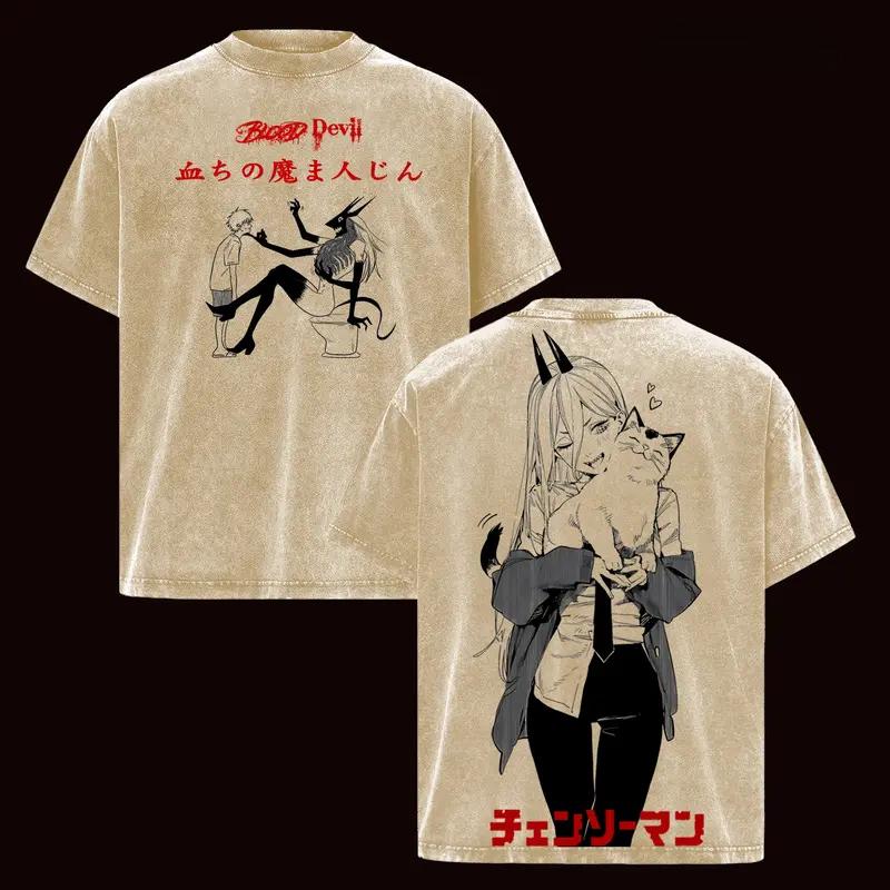 Anime Chainsaw Man Power Graphic T Shirt Men Women Short Sleeve Clothing Oversized Tshirt Washed Cotton Tee Harajuku T-shirt