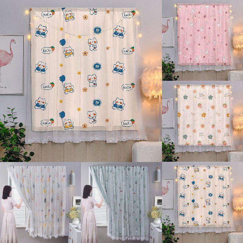 Window Cartoon Curtain Double Layer Lace Velcro Home Decorative Drapes Blackout