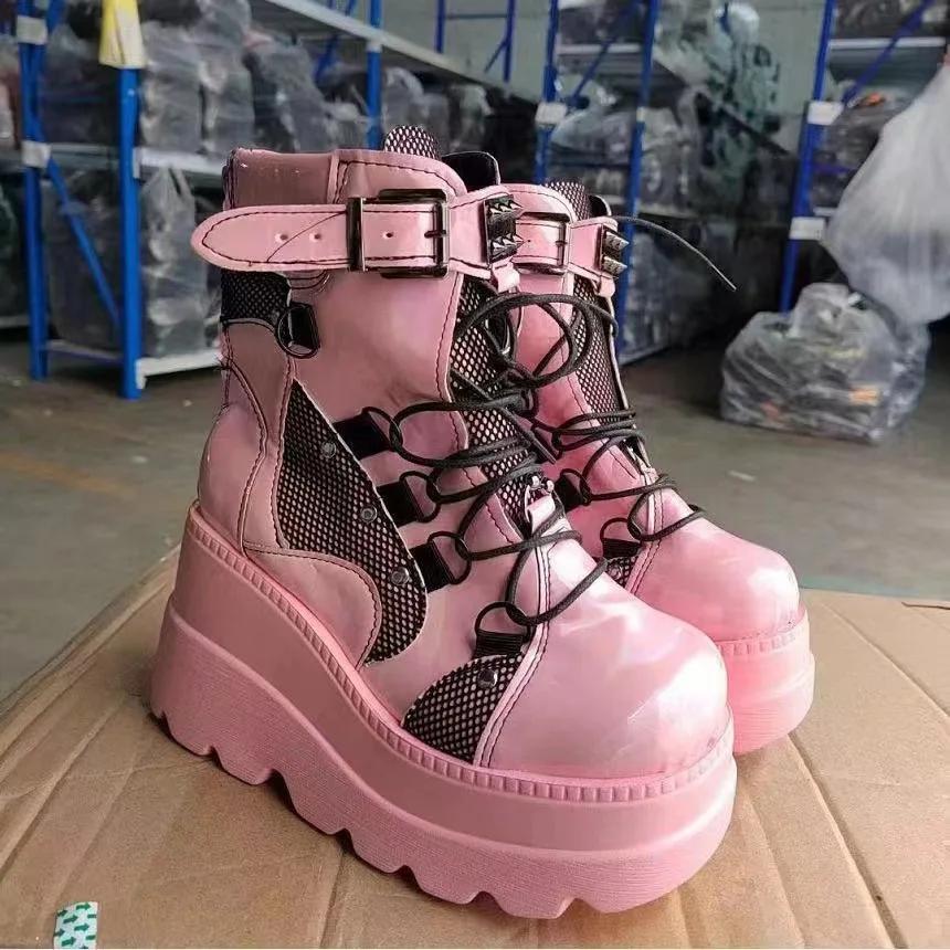 Novo Design Botas Punk Góticas para Motociclista Plataforma Salto Alto Grosso Cano Curto Botina Feminina Cool Salto Anabela Sapatos Femininos Pretos
