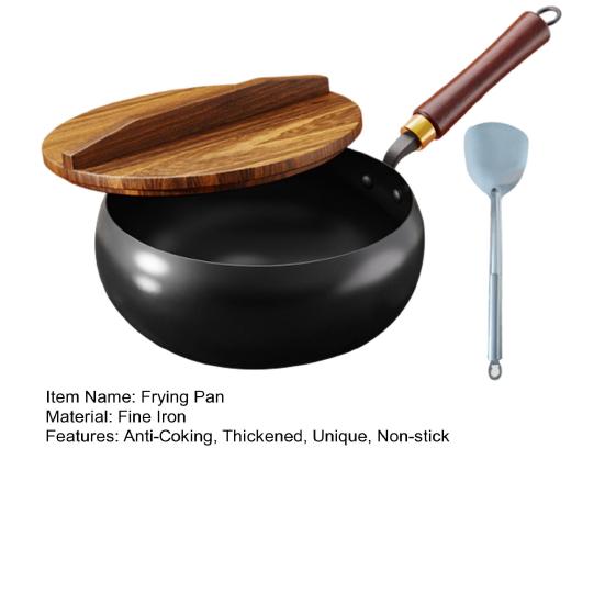 Non-Stick Iron Wok with Wood Handle Traditional Forged Iron Pot for Gas & Induction Stoves Rust-Resistant Uncoated Deep Pot for Frying Stir-Frying