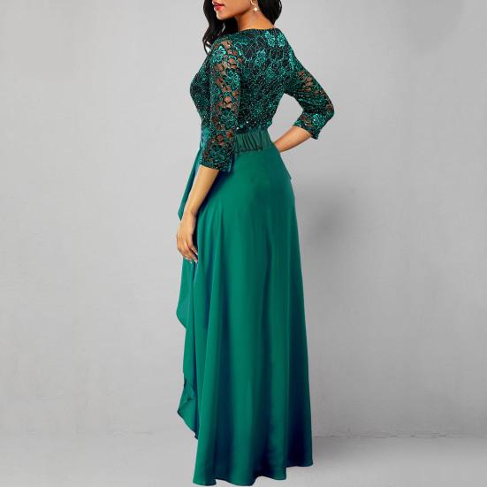 2 Pcs/Set Women Prom Dress Skirt Set Hollow Out Lace Ruffle Hem High Waist Round Neck Three Quarter Sleeve Ankle Length Banquet Maxi Dress