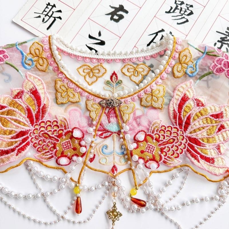 Kids Girl Goldfish Embroidered Beaded Tassels Detachable Collar Traditional Chinese Shawl Capelet Skirt Dress Decoration