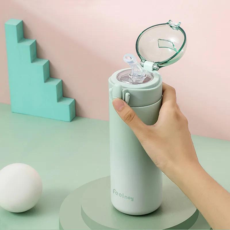 Portable Stainless Steel Thermos with Straw for Students and Girls, Color Changing Vacuum Cup, 350ml