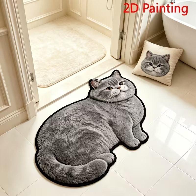 Cute Cat Shaped Plush Area Rug Washable Anti Slip Alfombra For Bedroom Bay Window Dressing Table Pet Lover Home Decor