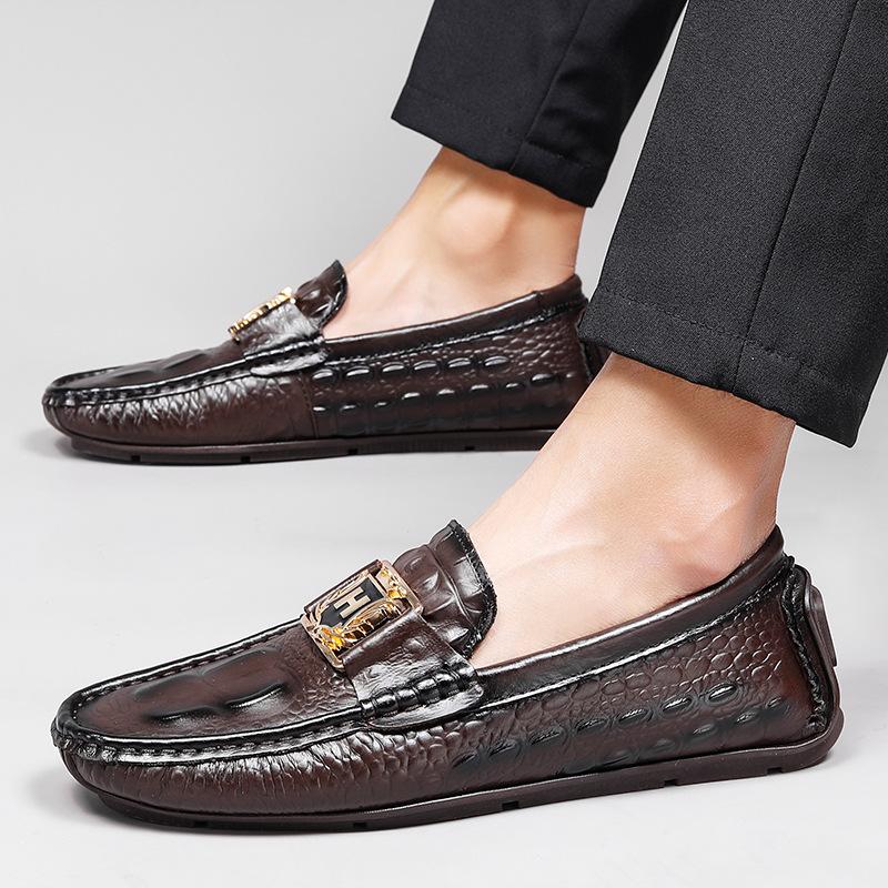 Live broadcast first-layer cowhide crocodile pattern Doudou shoes large size lazy driving shoes British casual shoes genuine leather cowhide
