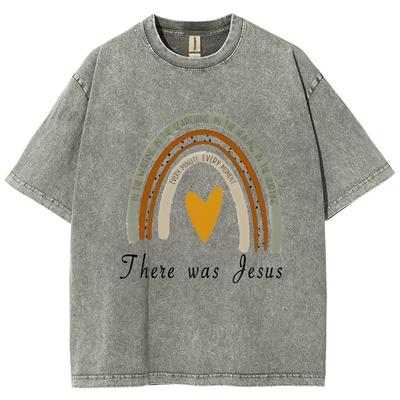 Regenbogenherz-Print Gewaschener Denim Damen T-Shirt Locker Bequem Übergröße Unisex Kurzarm Vintage High Street Top